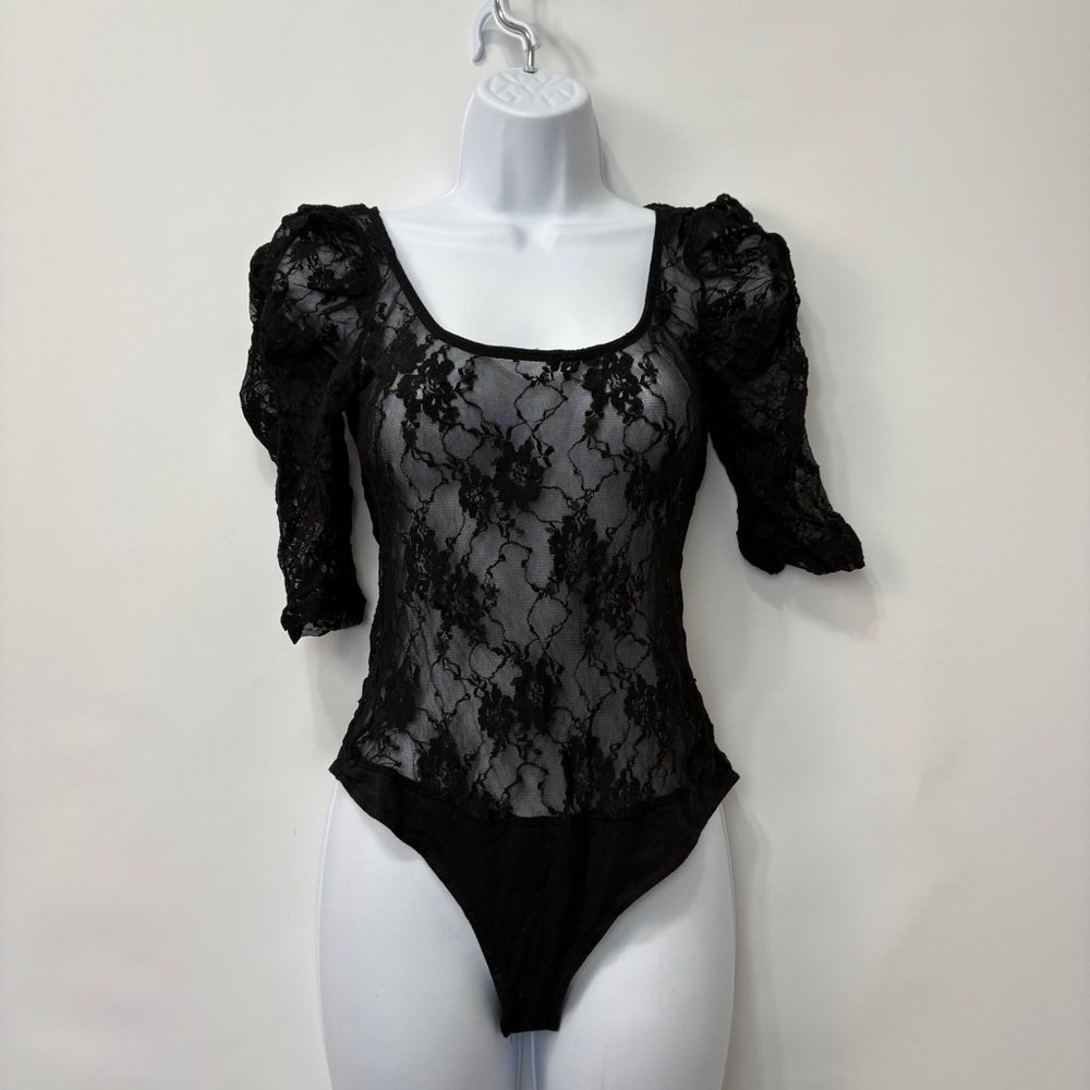 Guess Y2K Whimsigoth Lace Sheer Floral Black Bodysuit Size M/L